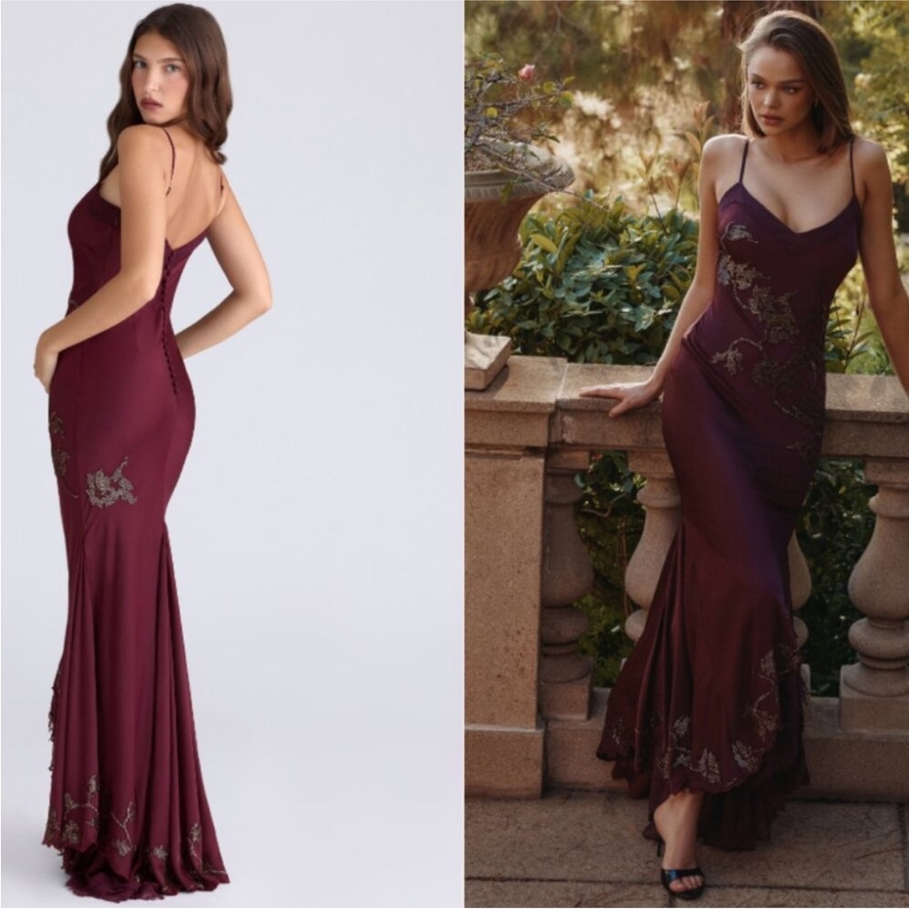 House of CB Limited Edition Anastelle Burgundy Dress with Floral Accents NWT - Picture 6 of 6